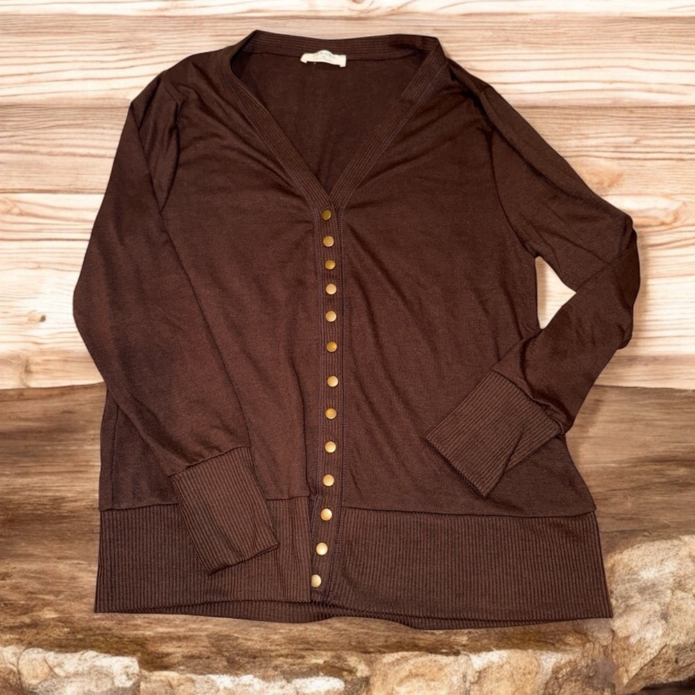 Zenana Outfitters Brown V-Neck Cardigan Sweater (1X)